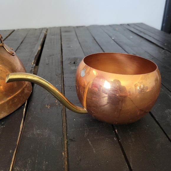 Vintage Copper Tea Pot Wooden Handle Set Water Steamer Measuring Cup - Picture 8 of 16